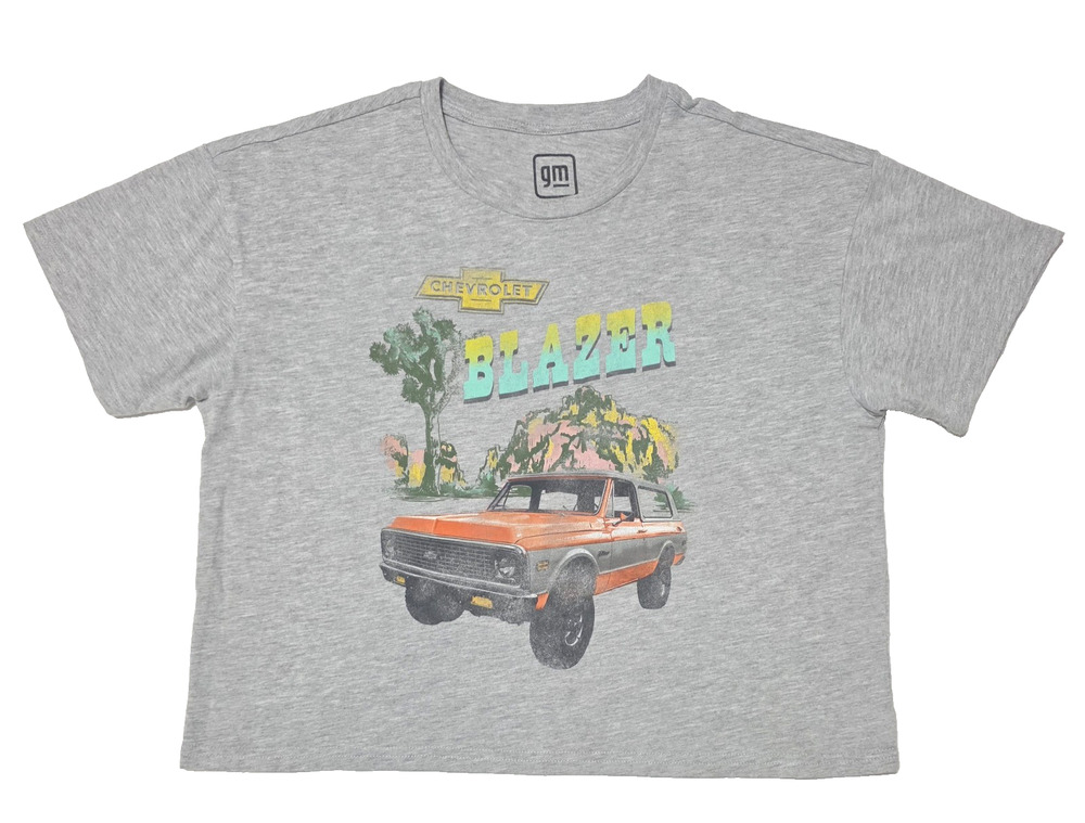 VTG Retro Chevrolet Blazer K5 Graphic T-Shirt Gray Women's Cropped Tee GM Sz M
